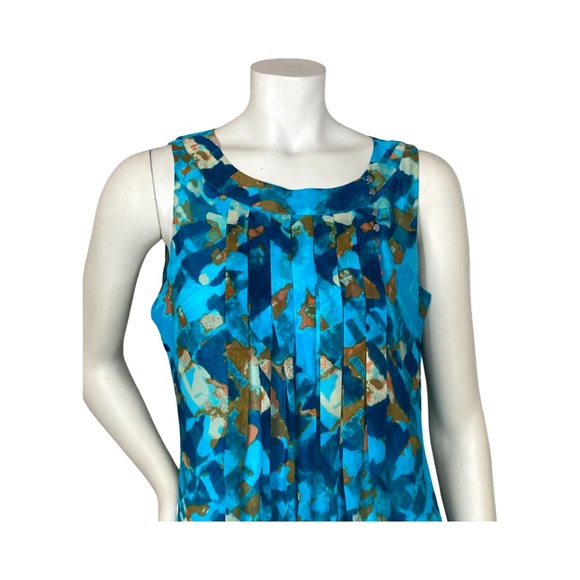 Calvin Klein Sleeveless Pleated Shift Dress Size 10 Turquoise Multicolor Print - Picture 2 of 14